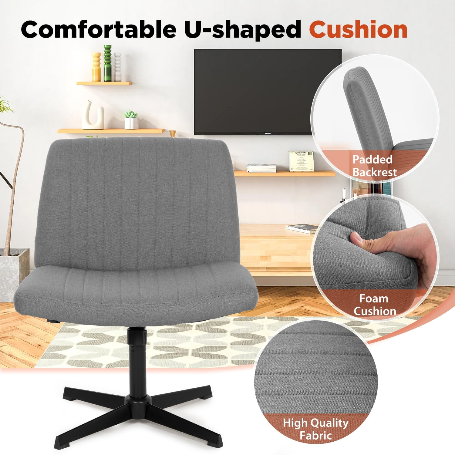 PayLessHere Criss Cross-Leg Office Chair - Armless Adjustable Fabric Seat,with No Wheels, Blue