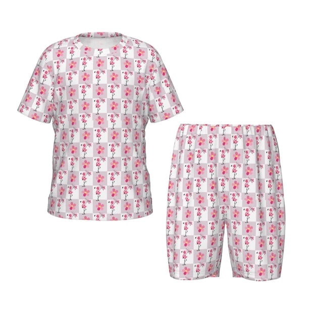 Fotbe Flamingo On Checkered Pijama Estampada de 2 Piezas para Niños – Ropa de Dormir de Manga Corta Cómoda para Niños y Niñas, Camiseta y Shorts de Algodón-Small