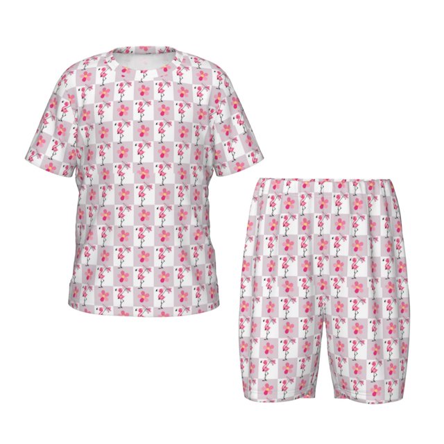 Fotbe Flamingo On Checkered Pijama Estampada de 2 Piezas para Niños – Ropa de Dormir de Manga Corta Cómoda para Niños y Niñas, Camiseta y Shorts de Algodón-Large