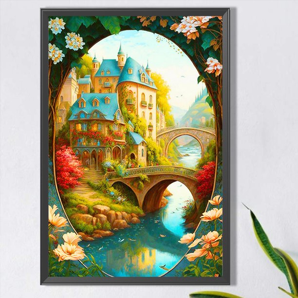 Cuadros Decorativos Pintura de diamante 5D DIY Taladro redondo completo Little View Castle Home Decor DQrwqpou embutido en tela