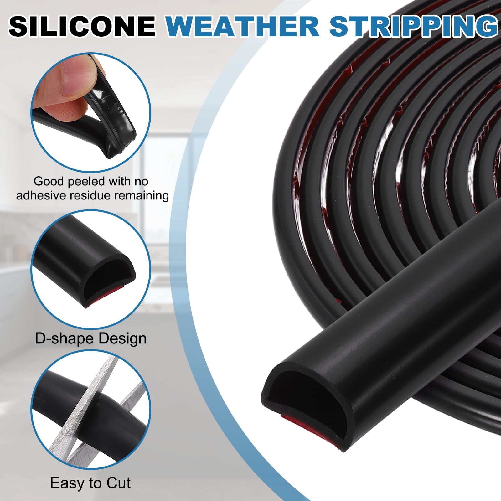 Uxcell 16.4FT Silicone D Shape Weather Stripping, 2Pcs Self Adhesive Doors Seals, Black