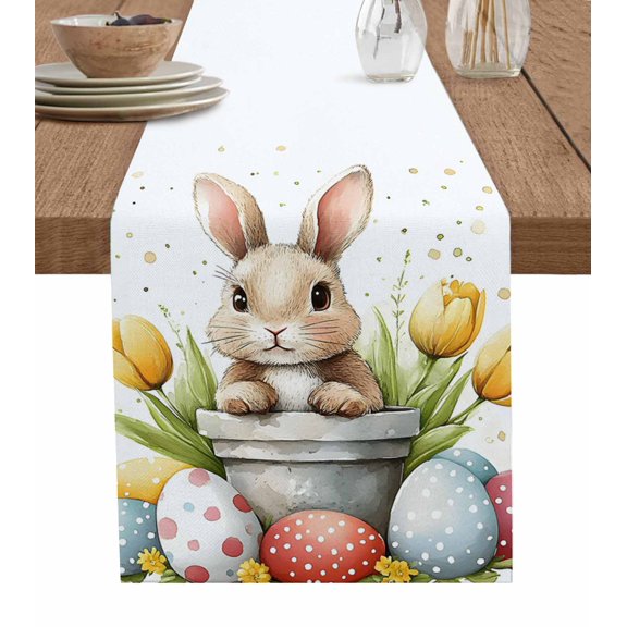 Ldtrchee Easter Spring Table Runner 36 Inches, Watercolor Bunny Egg Flower Tulip Floral Bed Runner Dresser Scarves Tabletop for Indoor Outdoor Parties/Ceremony/Banquet, 13"x 36"