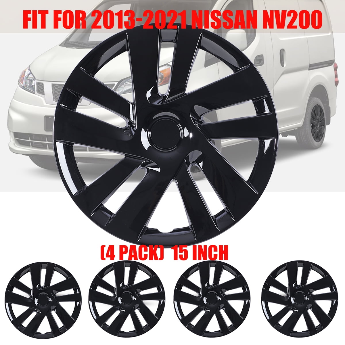 (4 Pack)15 Inch Black Lacquer Hubcaps Wheel Rims Cover fit for 2013-2021 NISSAN NISSAN NV200, Snap On Car Truck SUV Hub Cap, PP Materia
