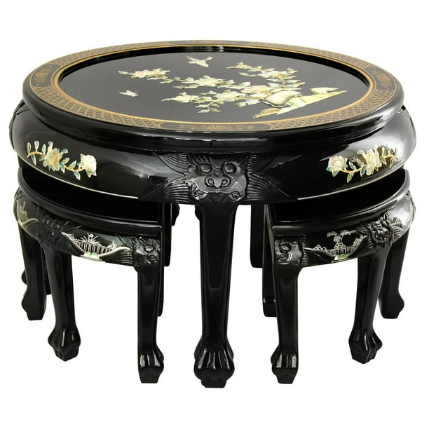 Oriental Furniture Black Lacquer Mother Of Pearl Round Coffee Table With Four Stools Com Oriental Furniture Black Lacquer Mother, Small Black Lacquer Coffee Table Set