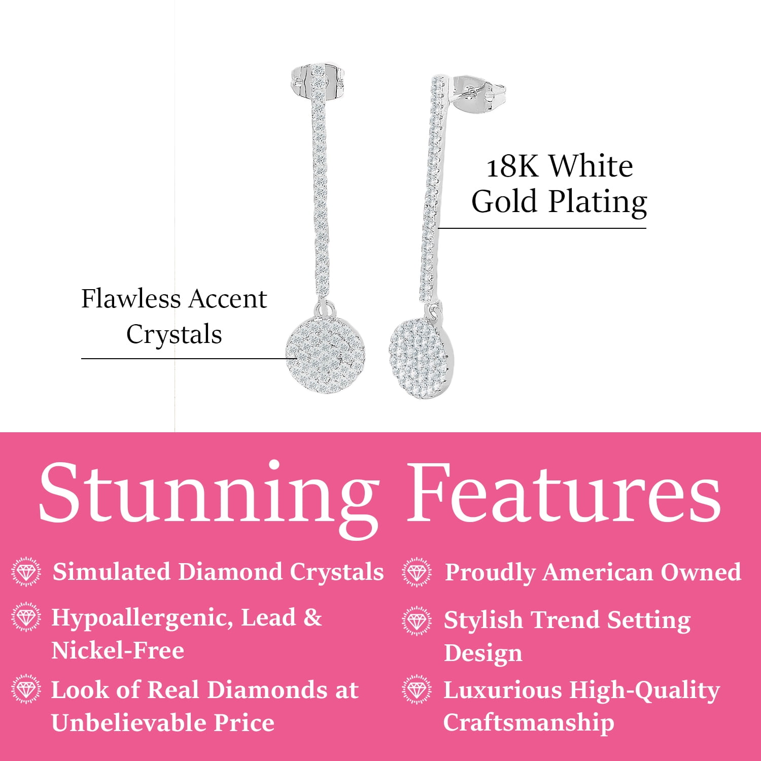 Cate & Chloe Hazel 18k White Gold Plated Dangle Drop Earrings with Simulated Diamonds Gift for Women