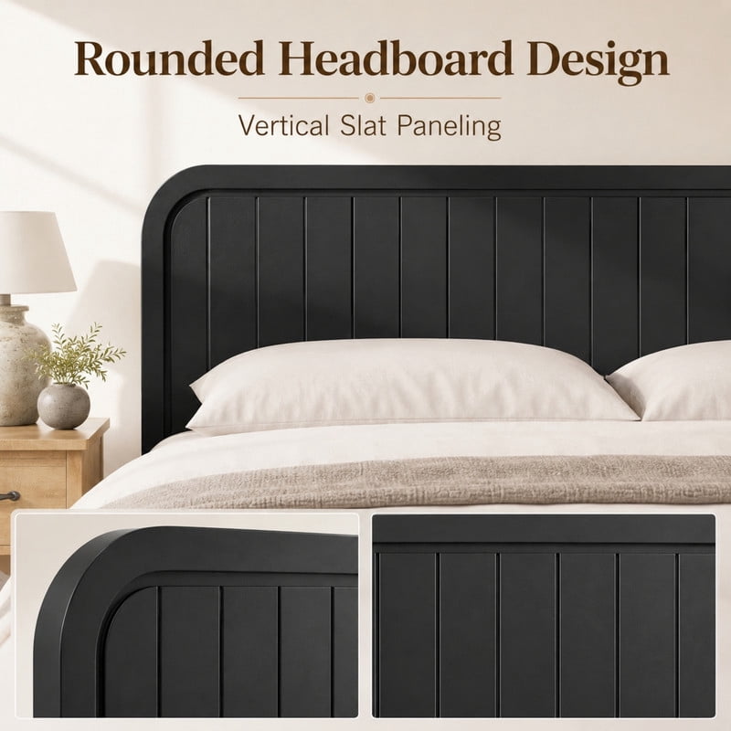Queen Size Low Profile Bed Frame with Striped Headboard & Footboard, Wood Platform Bed with Slats Support & 7'' Under-Bed Space