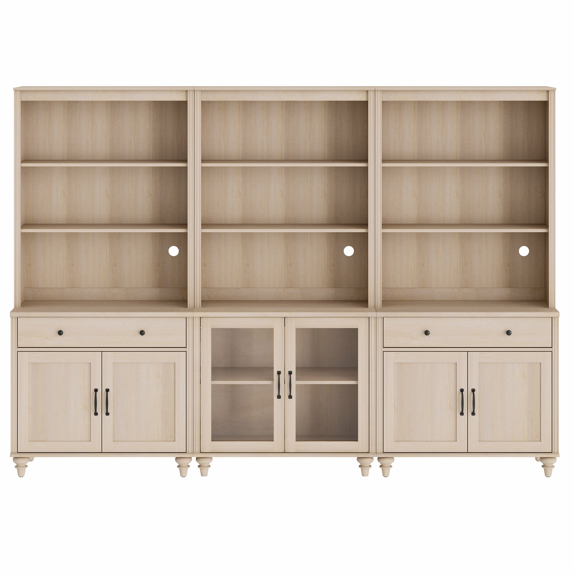 Farmhouse 5 Tier Bookcase With Doors & Drawers, Beige, 101.6" W