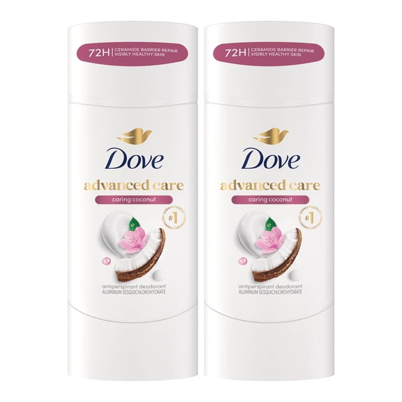 Dove Advanced Care Antiperspirant Deodorant for Women Caring Coconut 72 hour sweat and odor protection, 2.6 oz Twin Pack