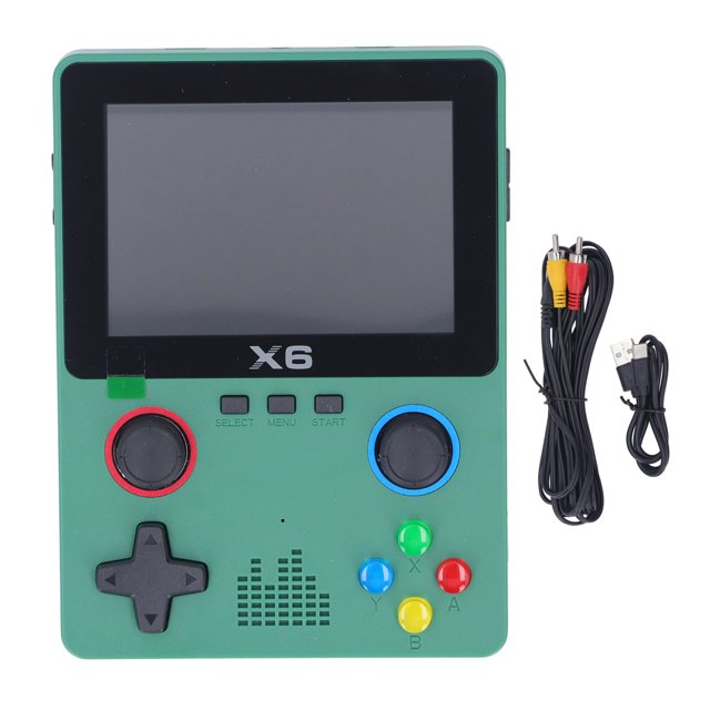 consola de juegos portátil retro con pantalla de 3,5 pulgadas, color verde frontal con pantalla HD 3.5" (640x480), cruceta direccional a la izquierda, botones A/B/X/Y en colores, dos joysticks circulares con anillos rojo y azul, botones Select/Menu/Start, rejilla de altavoz y logotipo X6; incluye cable USB y cable AV; compacto y portátil, multijuegos/emulador ideal para juegos retro, aprox. 9.5 x 13 x 3 cm.
