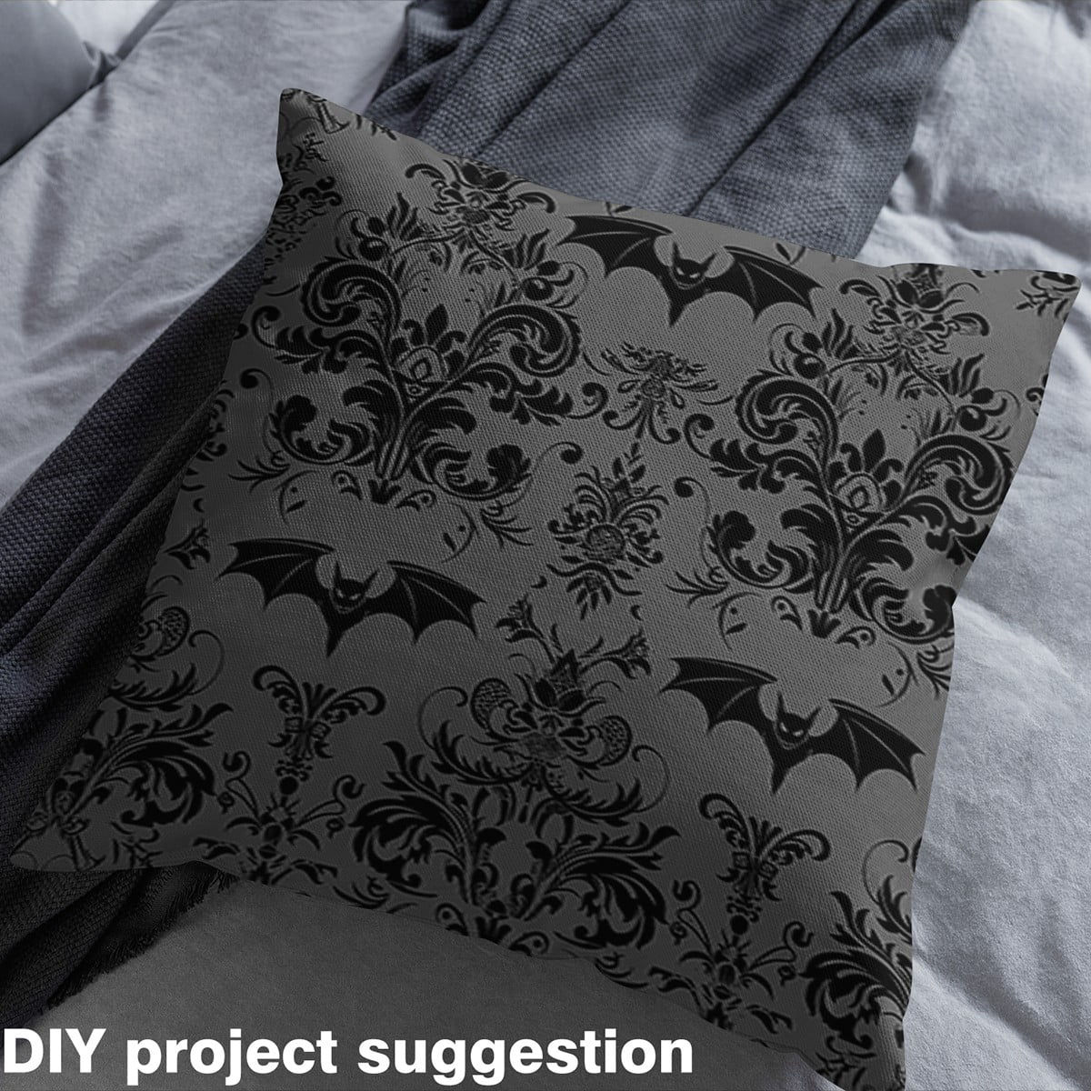 jejeloiu Baroque Gothic Theme Fabric by the Yard 3 Yards,Gray Damask Print Sewing Fabric,Halloween Spooky Bats Fabric for Sewing For Adults,Ultra Soft Bedroom Decoration