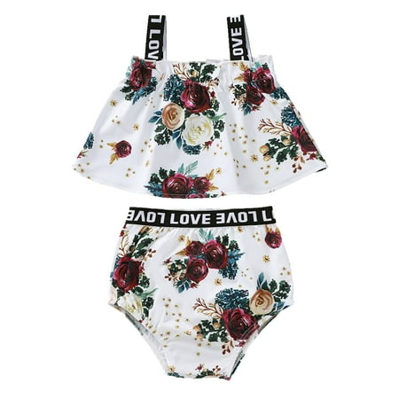 

Toddler Girl Clothes Sleeveless Flowers Print Suspenders Tops Summer Short Pants Romper Outfits