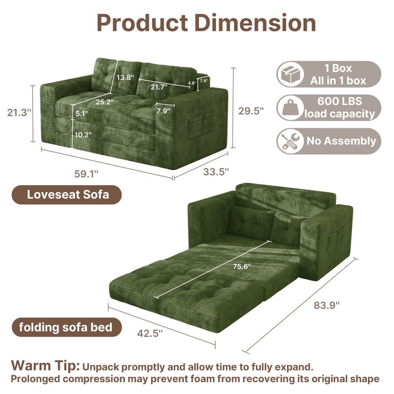 2-Seater Cloud-Like Loveseat Sofa - Double-Layer Upholstered Cushions, Pet-Friendly Corduroy Couch for Bedroom, Living Room & Apartment, Green
