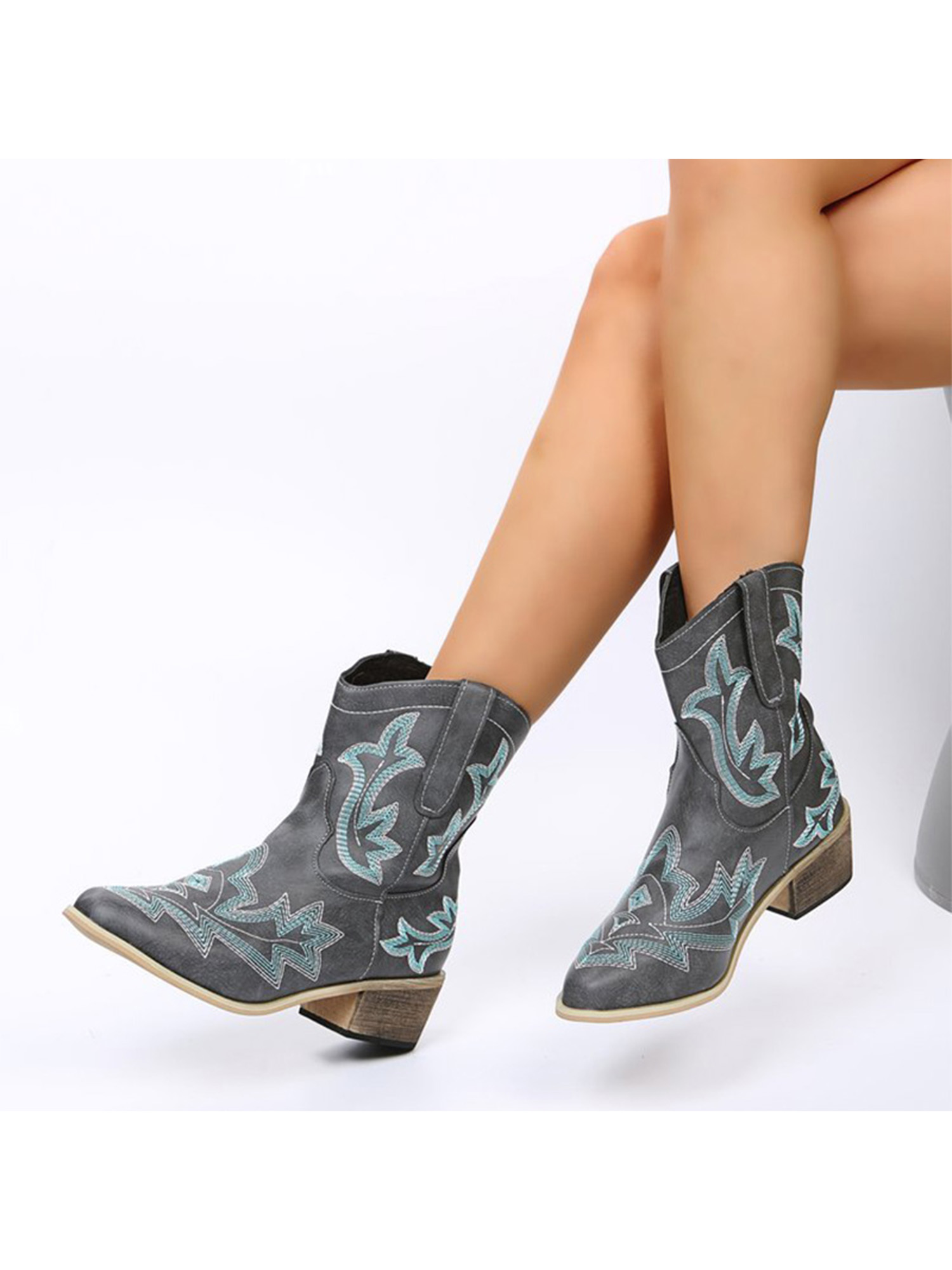 Luxur Women's Embroidered Floral Western Pointed Toe Cowboy Boots, Size: 6, White
