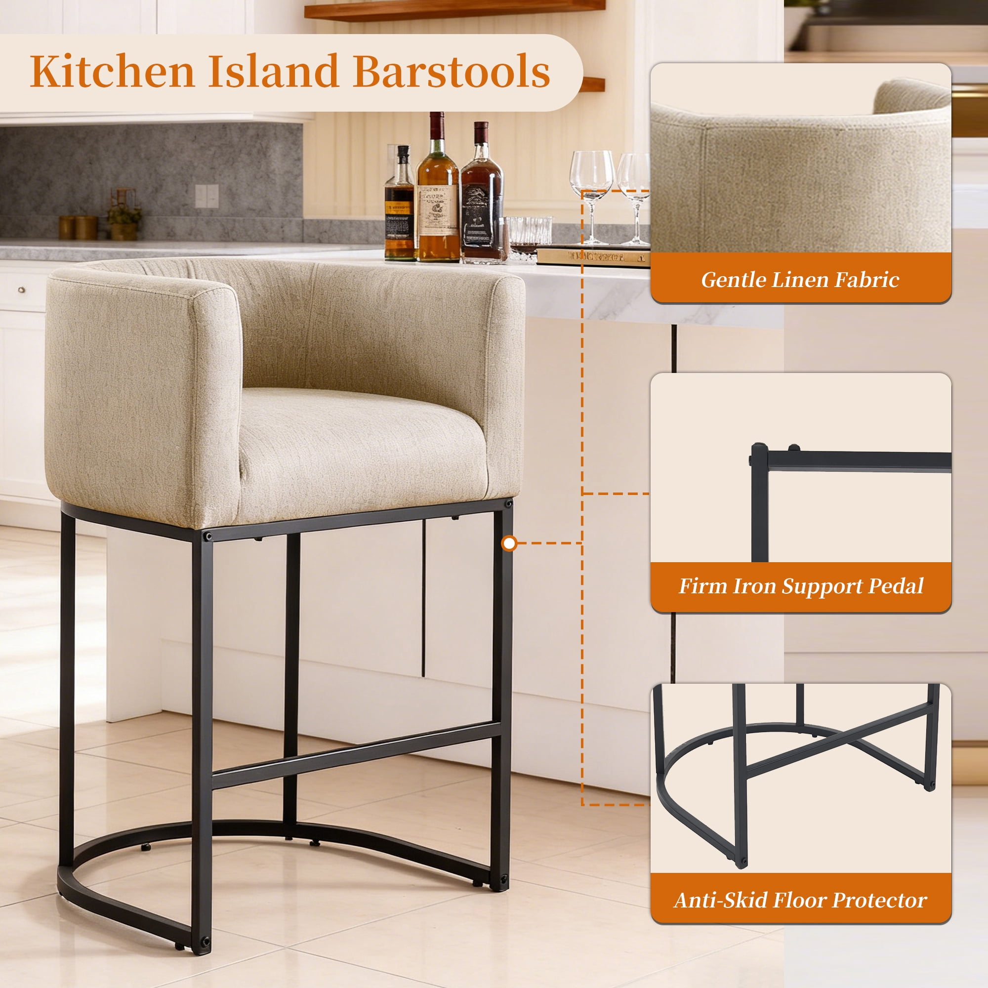 ClinQ Counter Height Bar Stool Set of 1, 26 in Fabric Upholstered Seat, Metal Legs for Indoor Dining Room and Kitchen Island, Camel