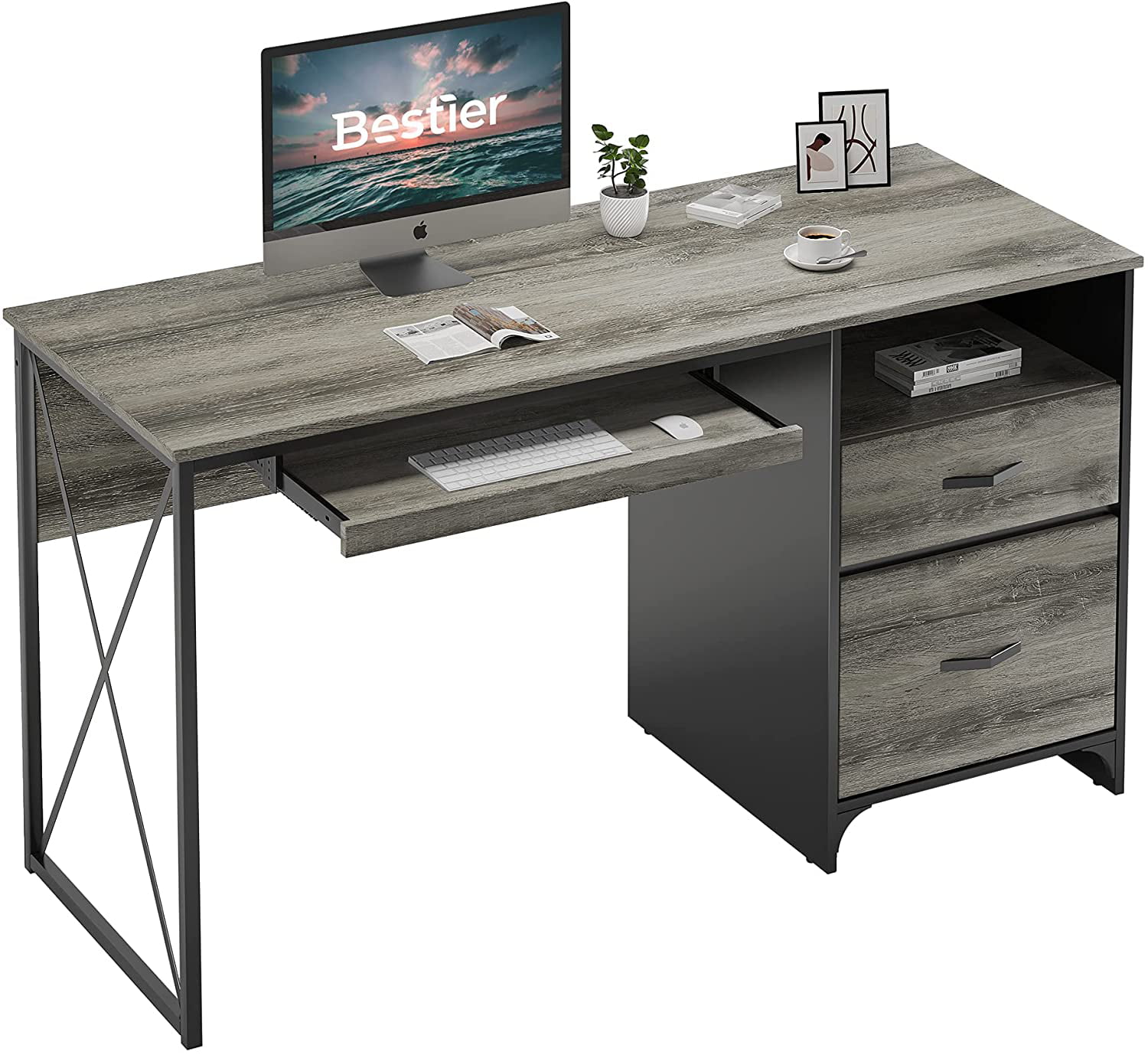 Modern Computer Desk with 2 Storage Drawers & Pullout Keyboard Tray in Gray 