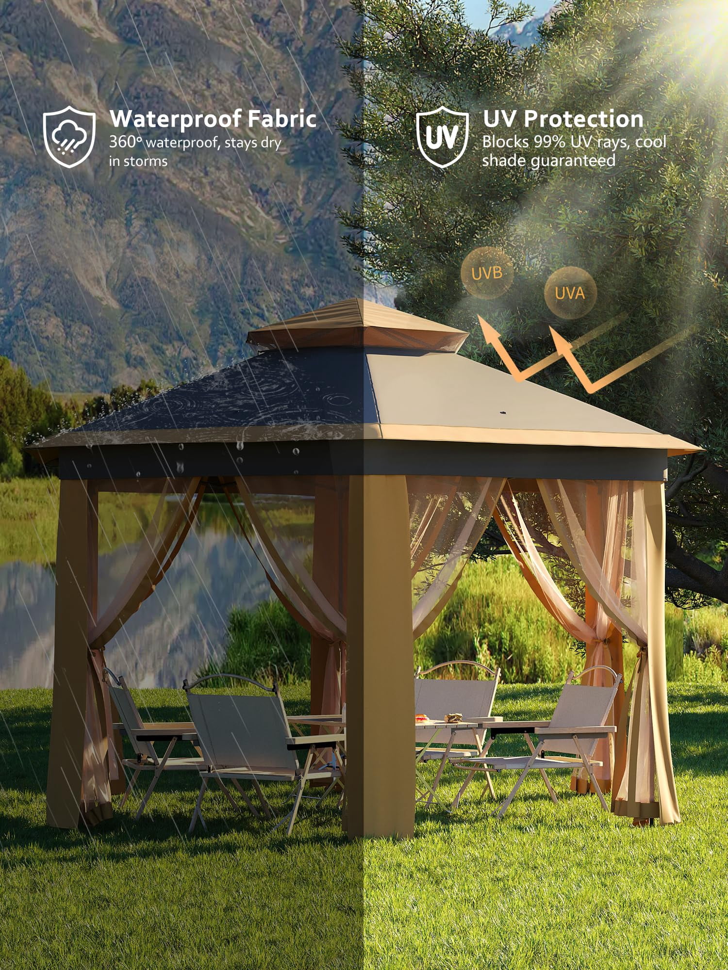Luku 13'x13' Pop-Up Gazebo, Outdoor Hexagonal Patio Gazebo with Mosquito Netting, Instant Setup Canopy Tent with Strong Steel Frame and Sandbags, for Backyard, Gardens, Patio