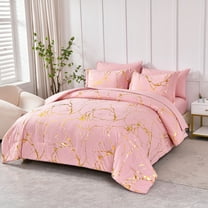Flymme King Size Comforter Sets Pink 7 Pieces Bed in a Bag King Marble Bedding All Season Luxury Soft Microfiber Gold Marble Texture Bed Set for Women Man