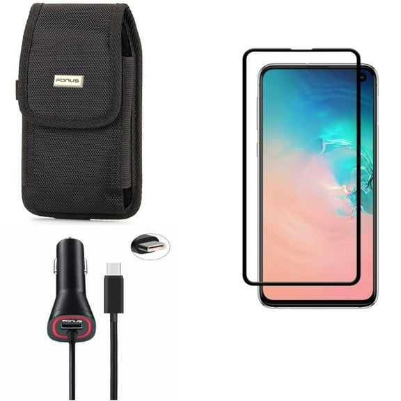 Galaxy S10e Case Belt Clip w Car Charger w Screen Protector - Swivel Holster Rugged, 3.4A Type-C Power, Tempered Glass 5D Curved Edge for Samsung Galaxy S10e Phone