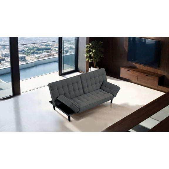 Modern Dark Gray 1pc Futon Sofa Convertible Bed Tufted Couch Armrest Living Room Furniture