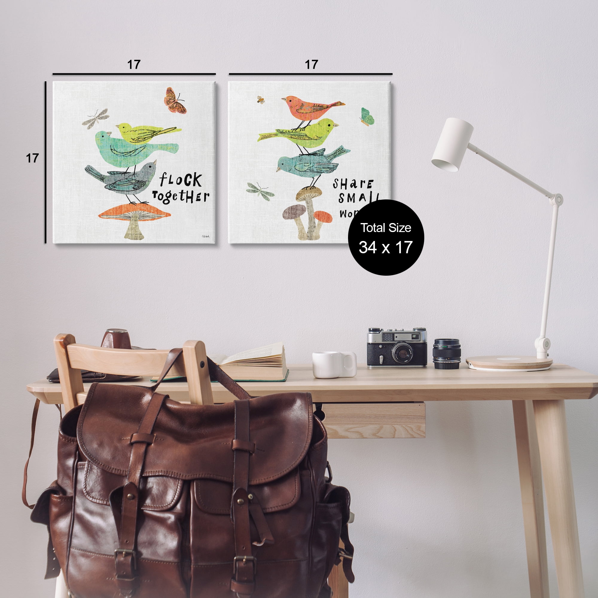 Stupell Industries Flock Together Share Birds Animals Painting Wrapped Canvas Art Print Wall Art, 17 x 17, Set of 2