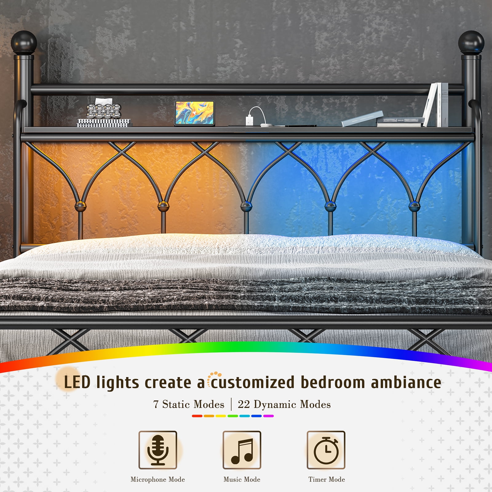 EnHomee Full Metal Bed Frame with Vintage Headboard & Footboard Metal Platform Bed Frame Full Heavy Duty Metal Bed Frame with LED Lights & Charge Station &Storage, Noise Free,Black