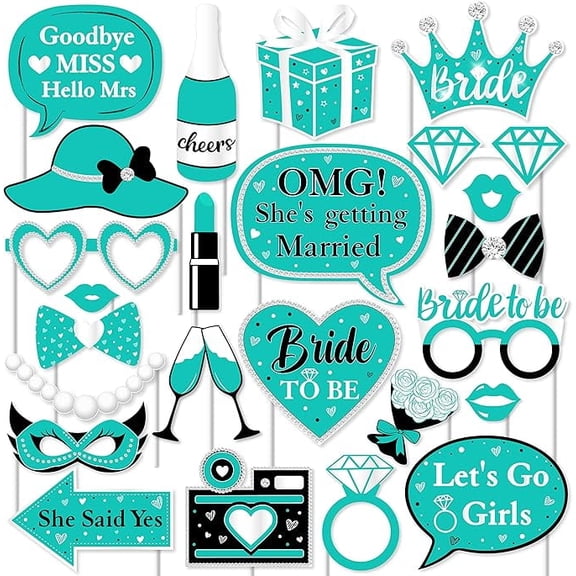 Turquoise Bachelorette Party Photo Booth Props, 24PCS Teal Blue Bride to Be Decorations - Let's Go Girls Sign Selfie Stick for Bridal Shower Wedding Engagement Party Supplies