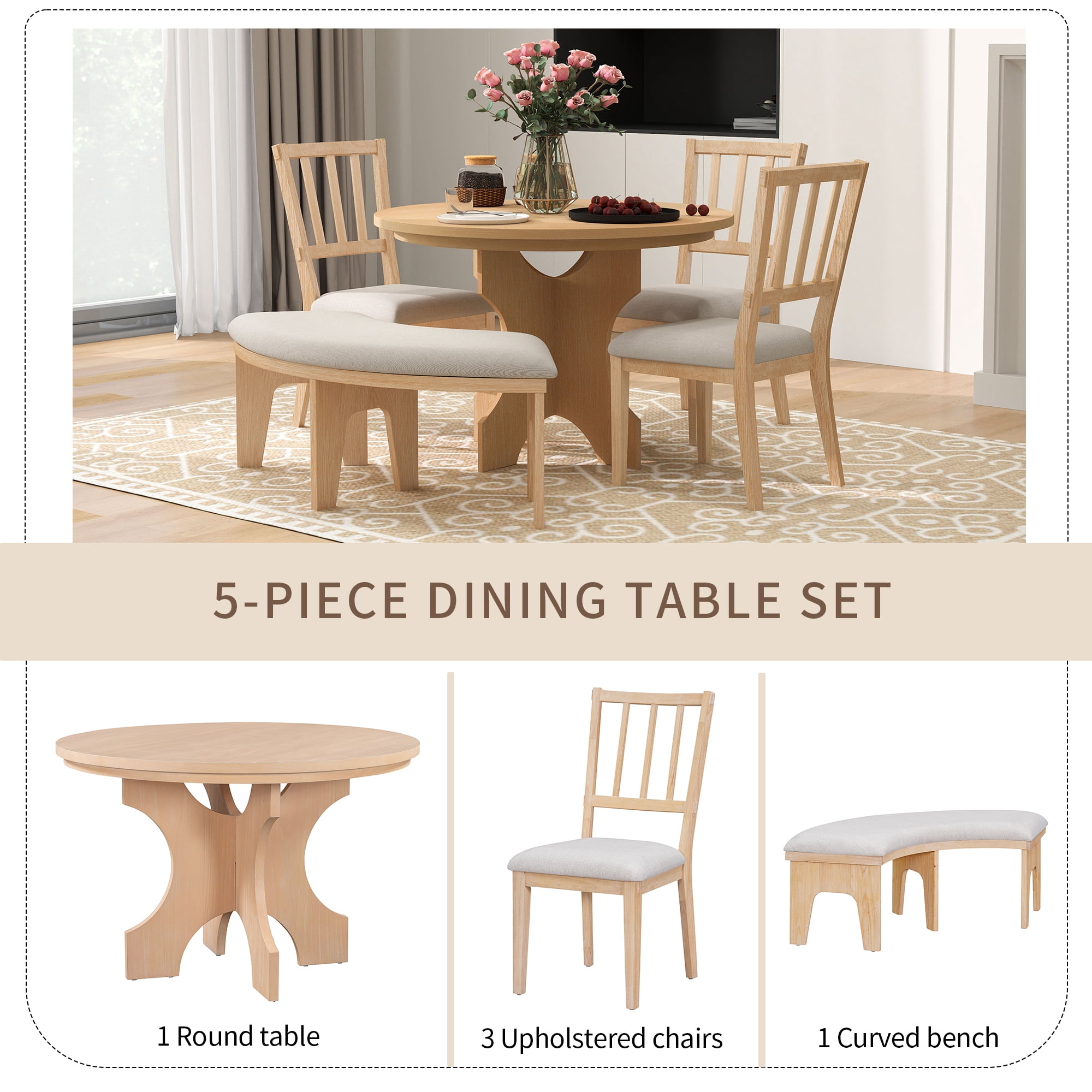 Euroco 5-Piece Round Dining Set,Rustic Kitchen Table Set with 3 Upholstered Chairs and Curved Bench for Dining Room/Kitchen/Living Room,Natural