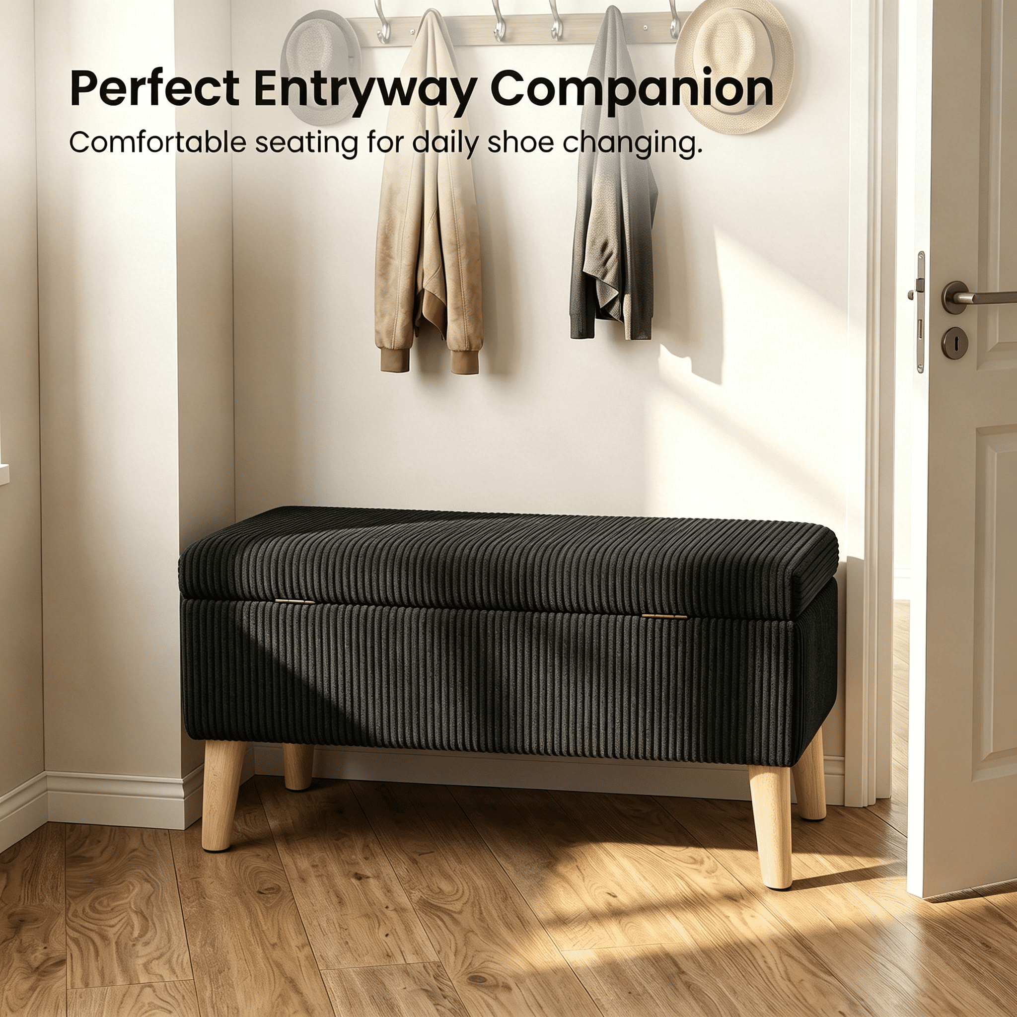 32 inch Wide Olive Black Corduroy Storage Ottoman Bench with Wooden Legs, Flip-Top Storage Box, Soft Upholstered End of Bed Bench, Footrest & Shoe Bench for Bedroom, Living Room, Entryway