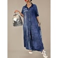 thumbnail image 5 of Women's Loose Casual Button Down Denim Shirt Dress Letter Print Short Sleeve Jean Maxi Dress with Pockets, 5 of 6