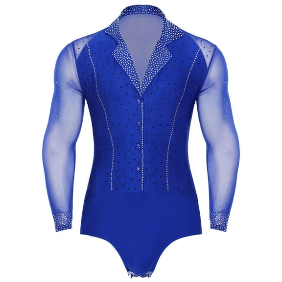 Xnihocha Men's Shiny Rhinestones Latin Jazz Ballet Dance Leotard Long Sleeve Deep V Neck Bodysuit Blue XL