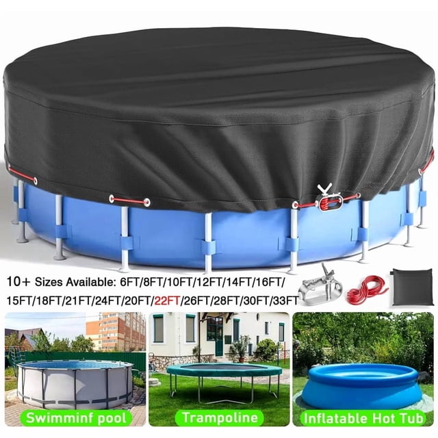 SHELTUSE Cubierta Redonda para Piscina de 22 Pies Cubierta Solar para Piscina Redonda Oxford sobre el Suelo con Cuerda de Acero para Piscinas Elevadas, Cubierta para Piscina sobre el Suelo, Cubierta para Piscina de Invierno, Negro