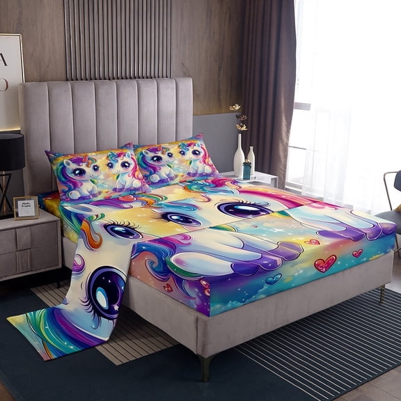 Erosebridal Rainbow Unicorn Sheet Set Twin,Love Heart Bedding Sets Twin Size,Microfiber Bed Sheets Twin,Princess Bedroom Decor,3pcs
