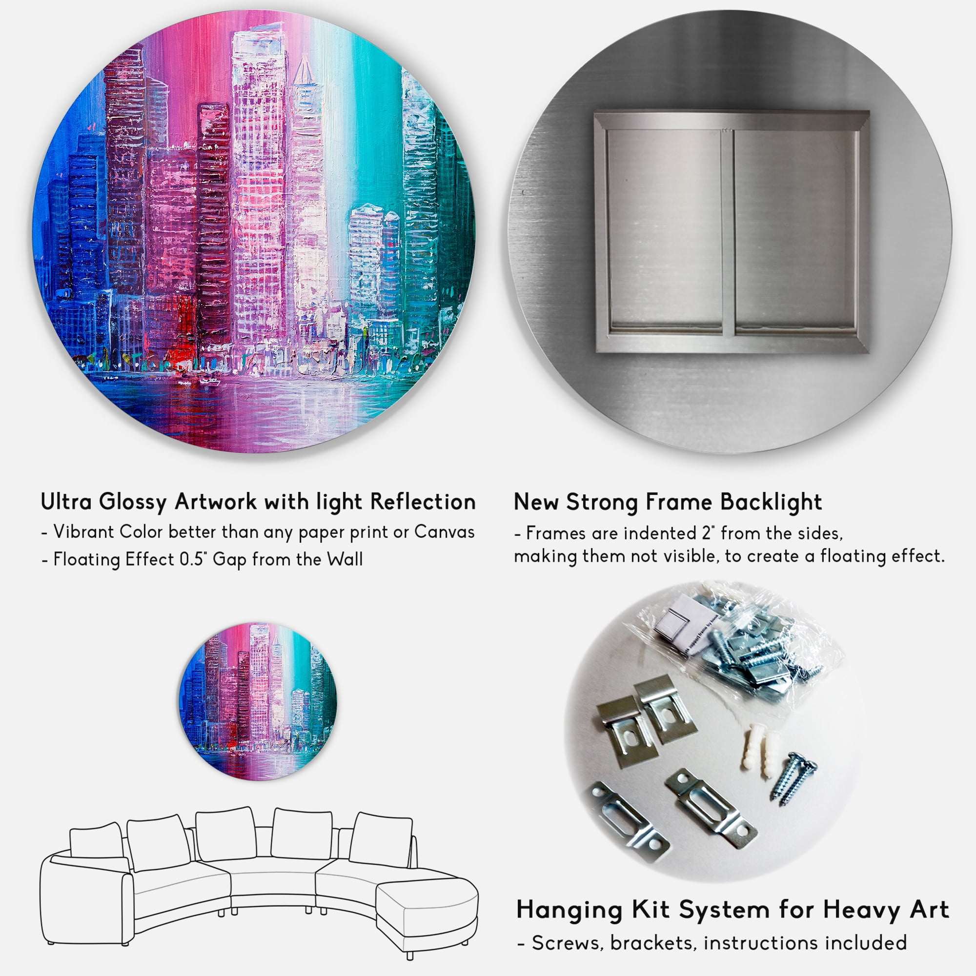 Designart 'Abstract Style Cityscape Panorama Skyscrapers II' Modern Circle Metal Wall Art 11x11 - Disc of 11
