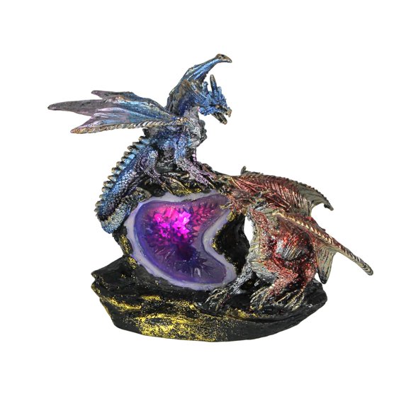 Blue and Burgundy Battle Dragons Gothic Color Changing LED Geode Statue