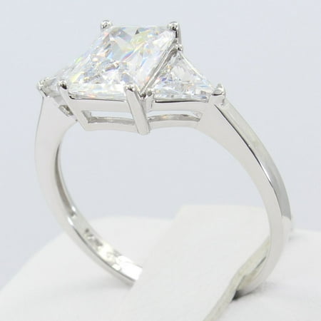 Basket Setting Ring (2.00 Ct 14K Real White Gold 3 Three Stones Emerald Cut Center and Trillion Triangle Shape Side Stones 4 Prong Basket Setting Engagement Wedding Propose Promise)
