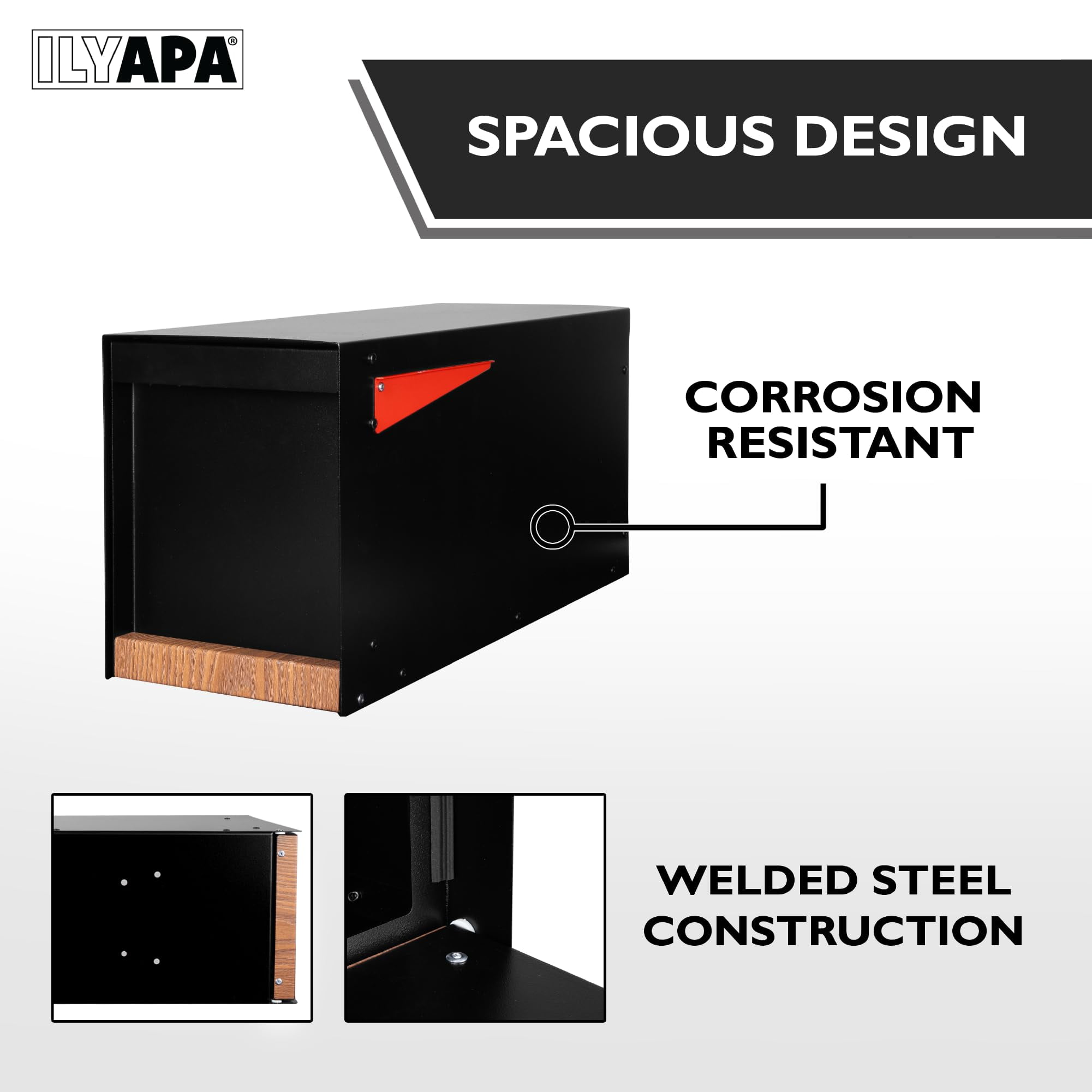 Ilyapa Black Modern Mailbox Post Mount - Mailboxes for Outside - Metal with Printed Ash Wood Grain Trim - Powder Coated Steel - All Weather Resistant
