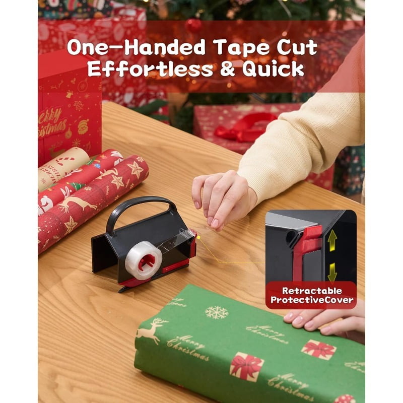 2 Pack Wrapping Paper Cutter & Tape Dispenser Dual Use, Gift Wrap Cutter Tool for Rolls Paper with 4 Tapes for Christmas Birthday Paper Trimmers