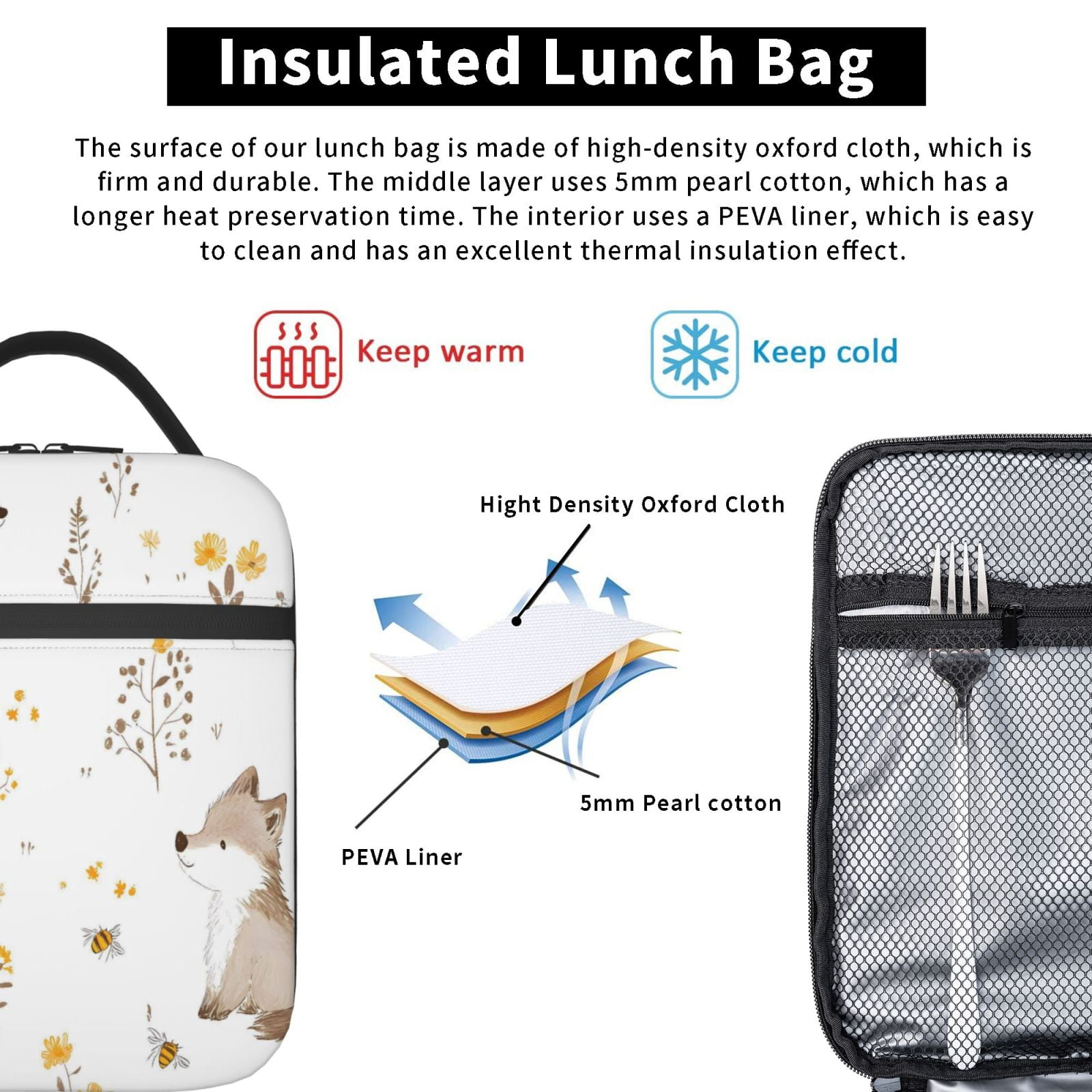Lunch Bag For Women Men Insulated Portable Lunch Box Bento Box Office Picnic Travel Cooler Bag Little Fox