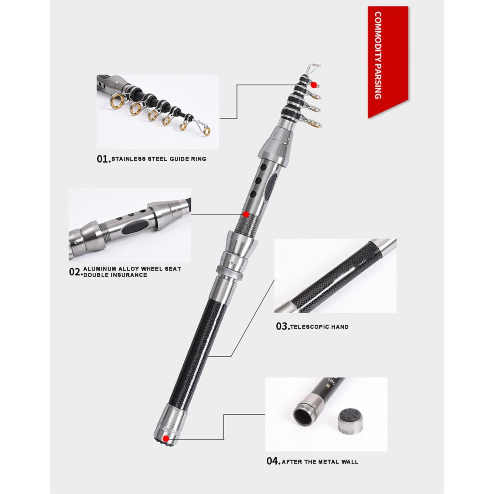 Carbon Fiber Travel Fishing Rod,1.5m Telescopic Portable Spinning Fishing Pole with Metal Guides, Ultra-Compact Travel Fishing Rod