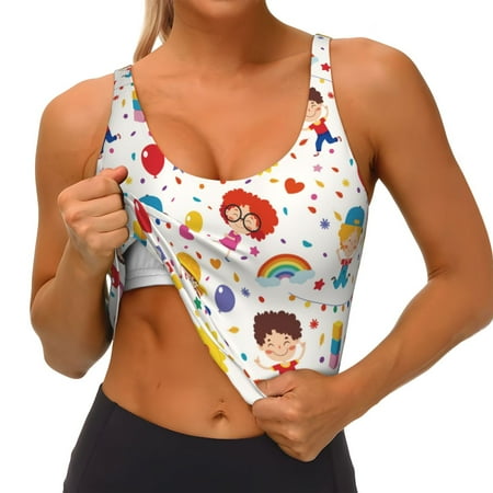 Qokaie Childrens Party Pattern Womens Scoop Neck Sports Bra Breathable Workout Vest Padded U Back Medium Impact Fitness Gym Yoga Bra Workout Crop Top