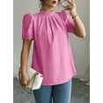 thumbnail image 6 of Women'S Summer Boho Shirt Short Sleeve Frill Trim Mock Neck Floral Solid 2025 Casual Blouses Shirts Tops Pink L, 6 of 8