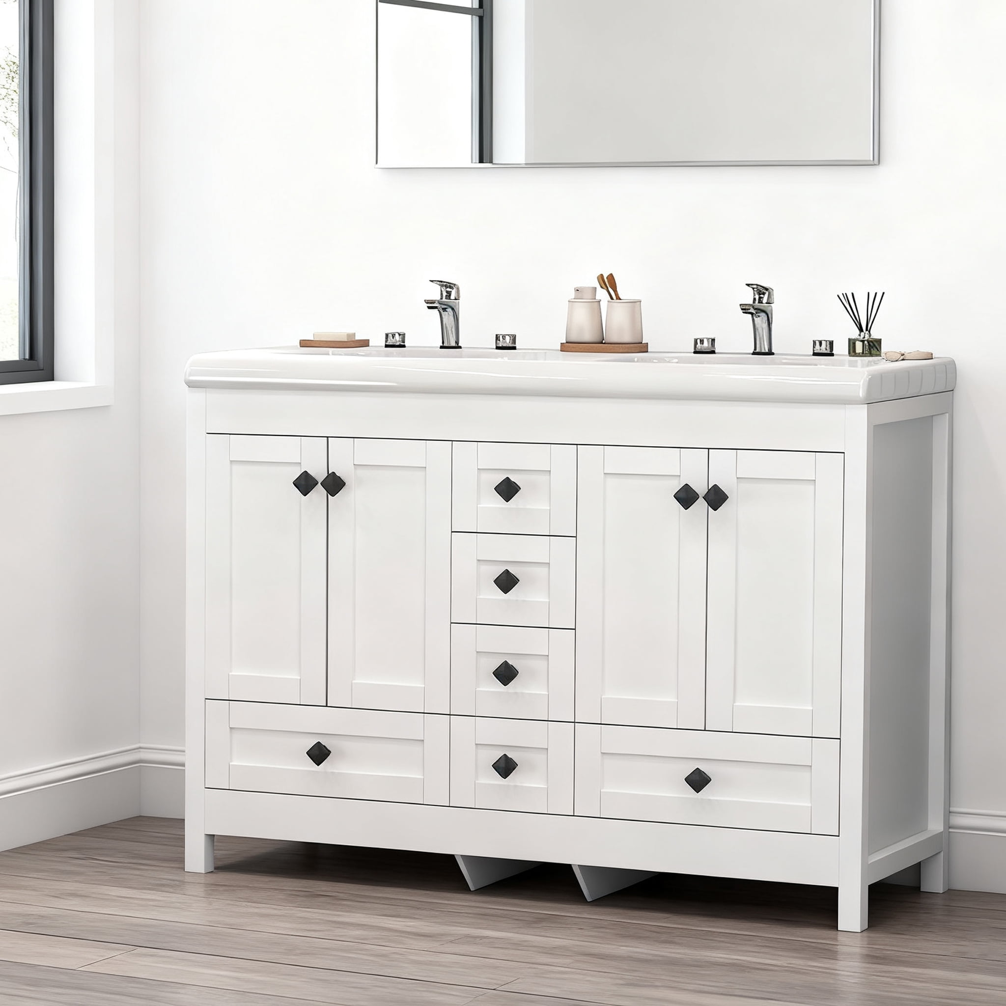 47'' White Bathroom Vanity with Double Ceramic Sink Freestanding Storage Cabinet with 6 Drawers