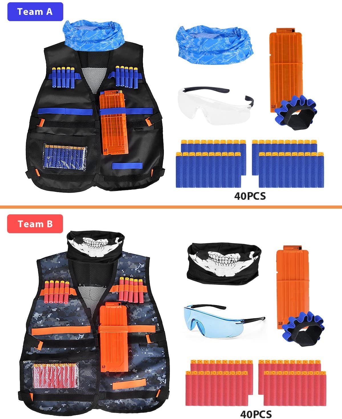 Kids Set Tactic Vest Jacket+2x Reload Clips+40xDarts+Strap For Gun 