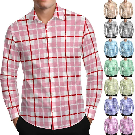 Bovxnpu Men Long Sleeve Shirts Plaid Button Down Casual Shirt Dress Shirts, Men's Long Sleeve Plaid Print Button-Down Collar Casual Shirt Classic Tops