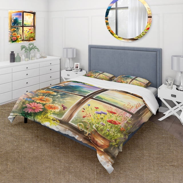 Designart "Floral Window Summer Sunset II" Farm Windows Bedding Covert Set - Traditional Beige Farm Bed Set With 2 Shams