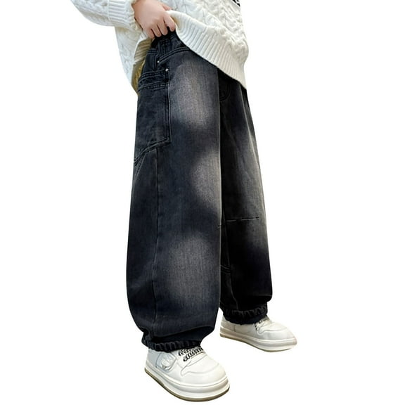 XQYLOS Boys Baggy Jeans Retro Wide Leg Streetwear Denim Pants, Kids Distressed Straight Fall Casual Jeans with Pockets, Vintag𝖾 Cargo Trousers for Everyday, Cool 𝖸𝟤𝖪 Aestheti𝖼