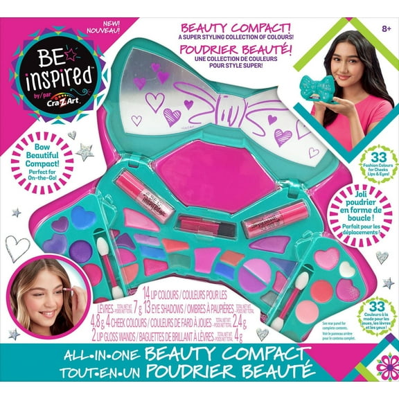 Cra-Z-Art Be Inspired All-in-One Beauty Bow Compact Shimmering Makeup Kit for Kids. Ages 8 and up Unisex. Great holiday gift idea., Beauty Bow Compact