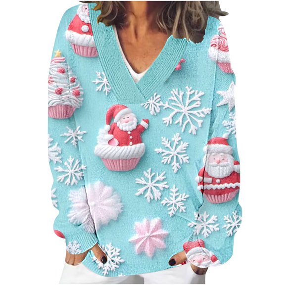 asdoklhq Christmas Sweaters for Women Ladies' Fashionable and Casual Christmas Printed Long Sleeved Hooded Top Long Sleeved V-neck Top/shirt Multicolor XL