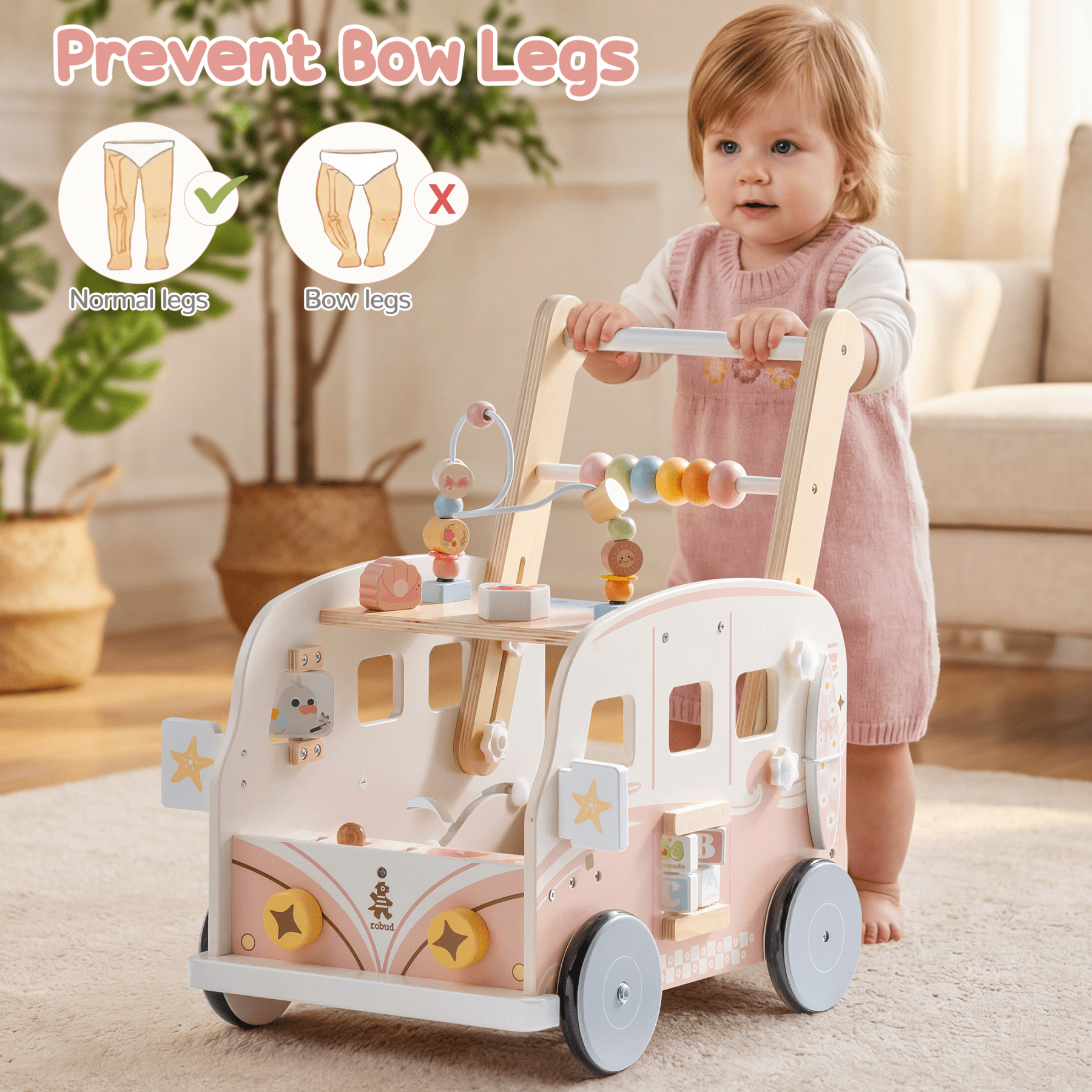 ROBUD Wooden Baby Push Walker Toy, Vacation Bus Theme with Activity Blocks, Sound & Light, Adjustable Speed, Learning Walker Gift for Toddlers 12+ Months,Pink