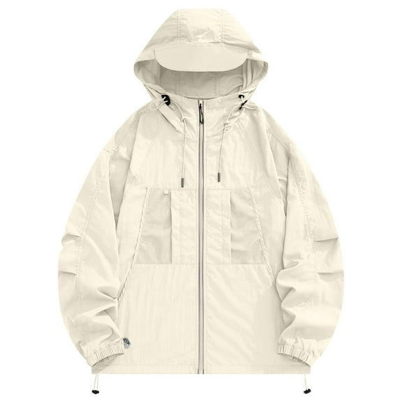 Kmdttou Women's Windproof Jacket Waterproof Lightweight Windproof Full Zip Women's Packable Fall Raincoat Windbreaker with Hood White M